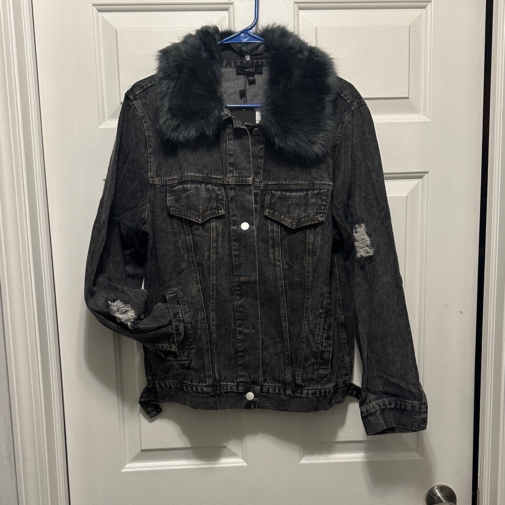 Very J Charcoal Denim Jacket with Faux Fur Collar